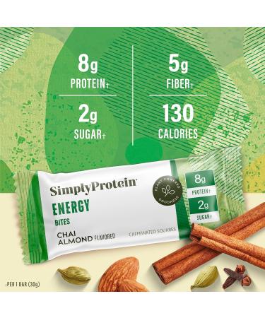 Simply Protein Chai Almond Energy Bites - 12 Bars | Vegan Gluten Free Plant Based Caffeinated Snack - 55mg Caffeine 8g Protein Low Sugar Natural Energy Boost - Buy Online on GoSupps.com