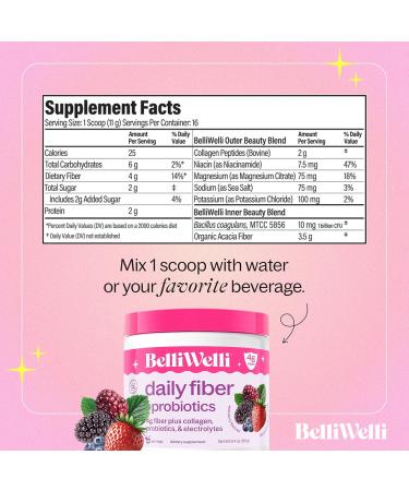 Belli Welli Daily Fiber Supplement Powder with Collagen Probiotics & Electrolytes Supports Digestive Health Gut Balance & Debloating 16 Servings - Wild Berry - Buy Online on GoSupps.com