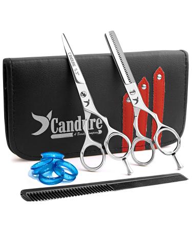 Candure Hairdressing Scissor Hairdresser thinning Scissor Set - 5.5 Inch Hair Cutting and Hair Scissor with Comb and Pouch - for Men Women Children and Professional Barbers 2 Count (Pack of 1) Silver