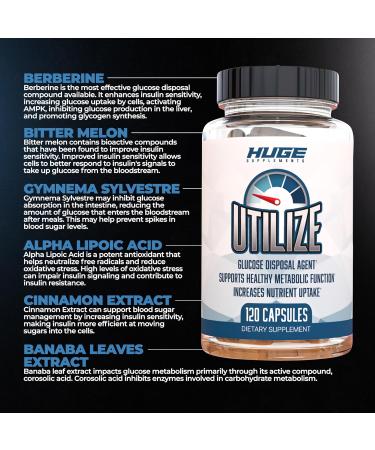 Buy Huge Supplements Utilize - Carb Blocker & Nutrient Partitioner for Healthy Metabolism | 1.5g Berberine 500mg Bitter Melon 125mg Cinnamon (120 Capsules) - International Shipping Available - Buy Online on GoSupps.com