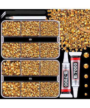 Resin Jelly Rhinestones for Crafting with B7000 Jewelry Glue 2 Boxes Gold Flatback Crystals with 2Pcs 10ml Glue Bedazzling Non Hotfix Gems for DIY Tumblers Clothing Shoes Manicure 2 Mini Pack with Glue Gold