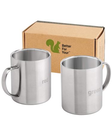 Stainless Steel Coffee Mugs - Premium Wider Handle 'RED' & 'GREEN' Laser Engraved 13.5 oz Double Walled Cups - Great For Home Camping RV or Gift (Dishwasher Safe Set of 2) A RED-GREEN Premium Wider Handle Set