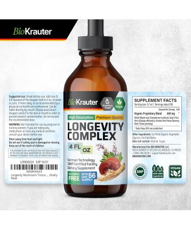 BIO KRAUTER Longevity Mushroom Supplement - Liquid Reishi Mushroom Complex with Goat s Rue & Red Ginseng Root Extract - Vegan Tincture - Alcohol & Sugar Free Drops 4 Fl.Oz. - Buy Online on GoSupps.com