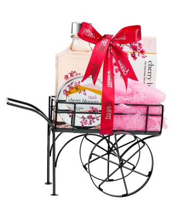 Deluxe Cherry Blossom Bath Body & Spa Set for Women in an Elegant Reusable Wheelbarrow: Shower Gel  Bath Salts  Body Cream Lotion and Bath Puff with Shea Butter & Vitamin E Relaxation Spa Basket