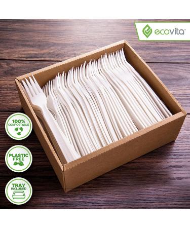 Ecovita Ivory White 100% Compostable Forks - 140 Large Disposable Utensils (7 in.) Eco Friendly, Durable, and Heat Resistant - Plastic Forks Alternative with Tray - Buy Online on GoSupps.com