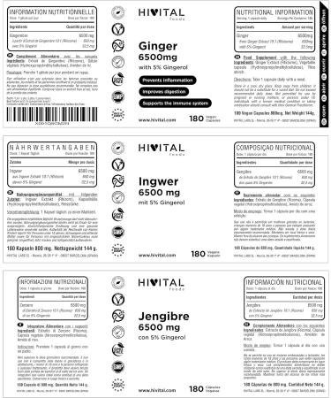 Ginger 6500 mg. 180 vegan capsules for 6 months. Natural extract with 5% gingerols providing 32.5 mg per capsule. Prevents inflammation and improves digestion and immune system - Buy Online on GoSupps.com