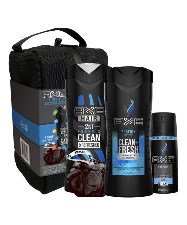 AXE Phoenix Holiday Gift Set Shower Bag With Body Spray, Antiperspirant & Deodorant Stick and Body Wash for Grooming 3 count