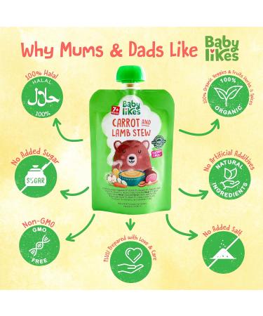 Organic Halal Baby Food Pouches - Stage 2 Carrot Lamb Puree 12x130g for 7+ Months - Buy Online on GoSupps.com
