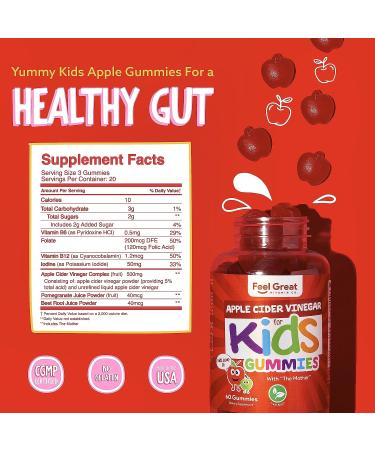 Feel Great Apple Cider Vinegar Gummies for Kids | Rich in Digestive Enzymes & Natural Antioxidants for Gut Health | Vegan Gummy Supports Healthy Nutrient Absorption | 60 Day Supply Kids ACV 500mg - Buy Online on GoSupps.com