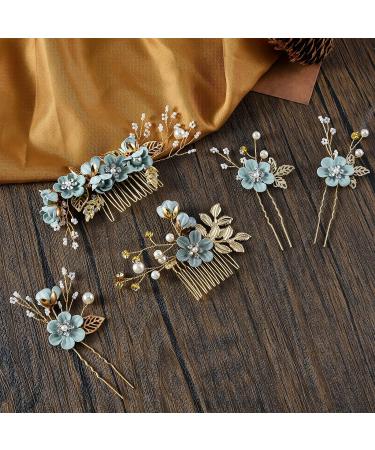 FRIUSATE 5 PCS Wedding Hair Comb Blue Flower Rhinestone Bridal Hair Accessories - Handmade Pearl Crystal Floral Leaf Clip for Women, Girls, Bride, Bridesmaids - Cyan - Buy Online on GoSupps.com