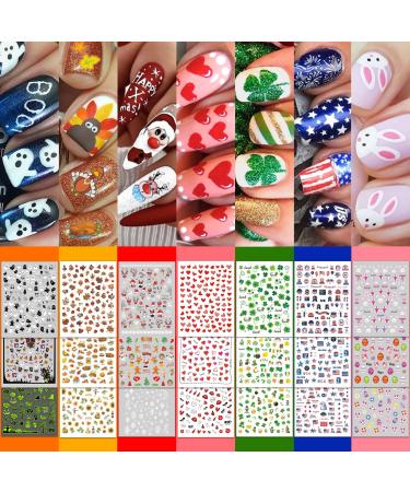 30 Sheets 7 Holiday Nail Art Stickers Mixed Season Nail Decals Set for All Year 3D Self-Adhesive Pegatinas U as Easter 4th of July Halloween Thanksgiving Christmas Valentine's St. Patrick's Day 30 Sheets 7 Holiday
