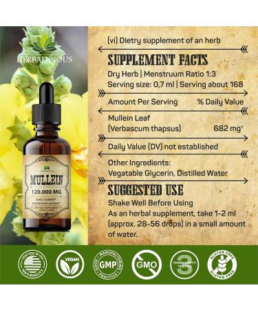 HERBALICIOUS Mullein Drops for Lungs Organic Lung Cleanse Supplement with Mullein Leaf Extract (Verbascum Thapsus) Vegan Non-GMO Liquid Formula 4 Fl Oz - Buy Online on GoSupps.com
