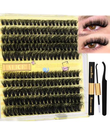 ALICE Lash Extension Kit Fluffy Volume 50D 60D Lash Clusters Kit Wispy 10-18mm D Curl Individual Lashes DIY Eyelash Extension Kit 200Pcs Eyelash Clusters with Lash Glue Bond and Remover Tweezers C - Fluffy 50D+60D Kit