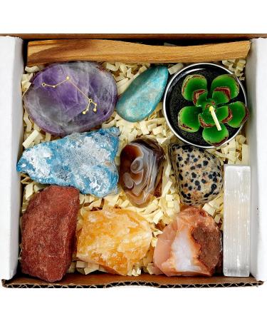 DANCING BEAR Aries Zodiac Healing Crystals Gift Set - 14 Pc with 9 Stones, 18K Gold-Plated Necklace, Meteorite, Succulent Candle, Palo Santo Smudge Stick, Made in the USA - Buy Online on GoSupps.com