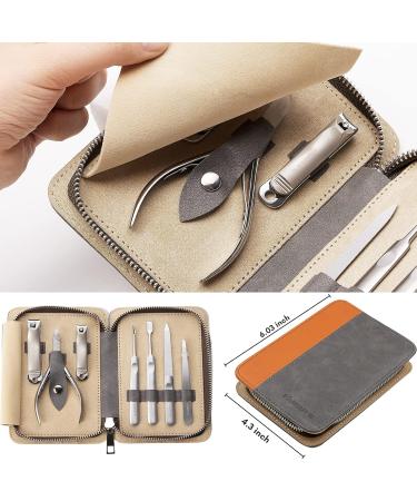 FAMILIFE 7PCS Manicure Set for Men - Professional Stainless Steel Nail Kit with Leather Travel Case - Grooming Gift Set in Gray and Orange - Buy Online on GoSupps.com