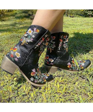 ZGRZPMGR Women's Western Cowgirl Embroidered Ankle Boots - Black (9.5-10) - Buy Online on GoSupps.com