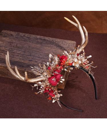 MOSTORY Handmade Branches Crown Woodland Antler Headband Fairy Floral Headpiece Deer Horns Hair Garland for Adults Witch Cosplay Costume Accessory Party Wedding Maternity Photography Golden Red - Buy Online on GoSupps.com