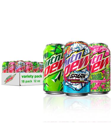 Mountain Dew Variety Pack: Dew, Major Melon, Spark (Rasp Lemonade) 12 Fl Oz (Pack of 18) Major Melon Variety Pack