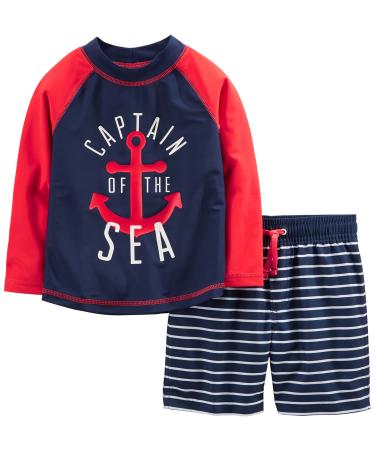 Simple Joys by Carter's Baby Boys' Swimsuit Trunk and Rashguard Set Rash Guard 3-6 Months Navy Red Anchor/White Stripes
