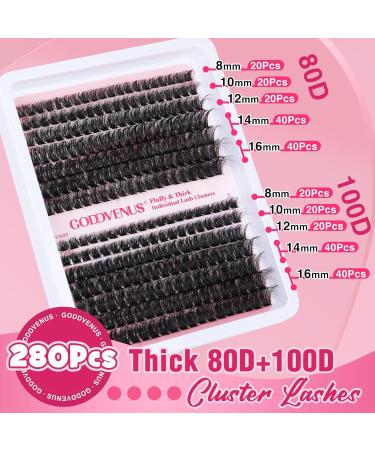 Eyelash Extension Kit Thick Cluster Lashes 280pcs D Curl Individual Eyelashes Lash Extension Kit with Eyelash Clusters Lash Glue Bond and Seal and Lash Tweezers by Goddvenus B-80D+100D Kit-A - Buy Online on GoSupps.com