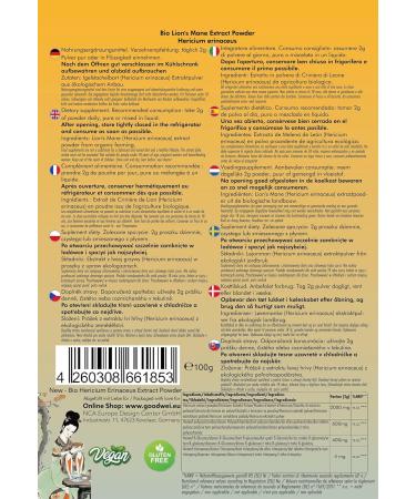 Lions Mane Extract Organic (Hericium Erinaceus) | Lions Mane - Concentration&Memory | 30% Polysaccharides 20% Beta Glucan 100g powder - Buy Online on GoSupps.com