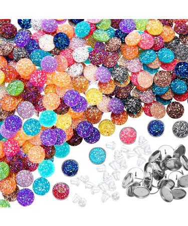 200 Pieces 20 Colors Druzy Resin Cabochons Faux Druzy Cabochons Flat Back Dome Cabochons with 20 Pieces Stainless Steel Stud Earring for Jewelry Making  DIY Craft (Silver Stud Earring  12 mm) Silver Stud Earring 12 mm