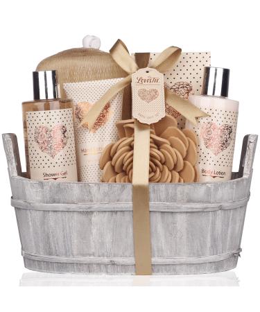Spa Gift Basket  Bath and Body Set with Vanilla Fragrance by Lovestee - Bath Gift Basket Includes Shower Gel, Body Lotion, Hand Lotion, Bath Salt, Eva Sponge and a Bath Puff