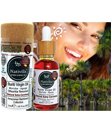 Nativilis Amazonian Buriti Oil (Mauritia flexuosa) Moriche Aguaje Richest source Beta-Carotene Vitamin A 20X More than Carrots emollient rebuild moisturize re-hydrate skin cells - Copaiba