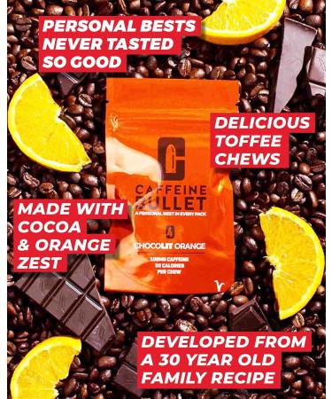 Caffeine Bullet Energy Chews - Chocolate Orange. 4 * 85mg Caffeine Sweets - Faster Kick Than Pills Gels and Gum. Sport Science for Running Cycling Gaming & A Pre Workout Endurance Boost. 1 Packet - 4 Energy Chews - Buy Online on GoSupps.com