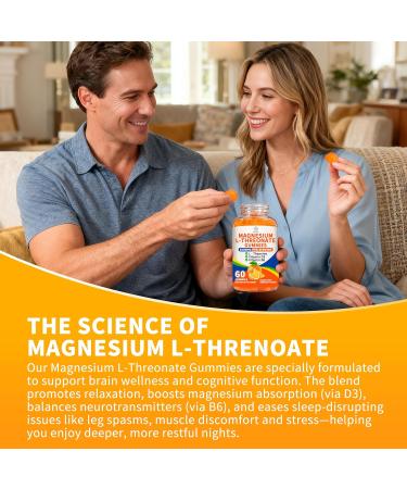 (2 Pack) Magnesium L-threonate Gummies 1000mg for Kids & Adults High Absorption Magnesium Threonate with L - Theanine Vitamin D3 & B6 for Muscle Nervous System Sugar-Free Orange Flavor 60 Count (Pack of 2) - Buy Online on GoSupps.com