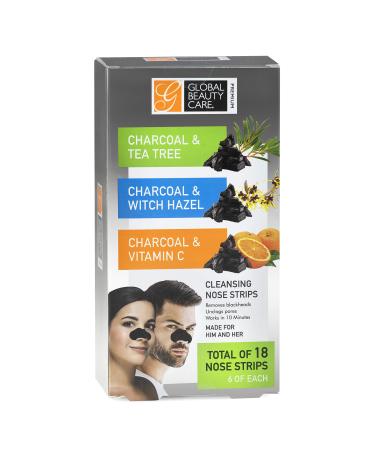 Global Beauty Care Premium 18 Nose Cleansing Strips VARIETY PACK Charcoal with Tea Tree Witch Hazel & Vitamin C For Blackheads Removal Strips - 18 Ct