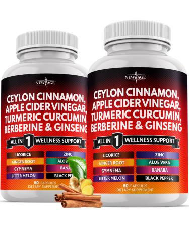 Ceylon Cinnamon Turmeric Apple Cider Vinegar Ginseng Aloe Vera Berberine Plus Banaba Ginger Root - 120 Count 120 Capsules (Pack of 2)