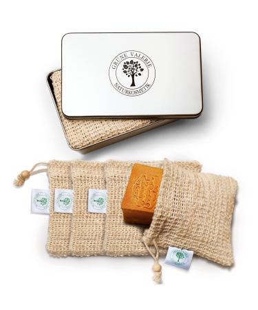 Green Valerie Noble gift box + XXL soap bags/soap bag (4 pieces) especially for Aleppo soap with a trip can - vegan & ecological pore depth cleaning + peeling effect - for soaps