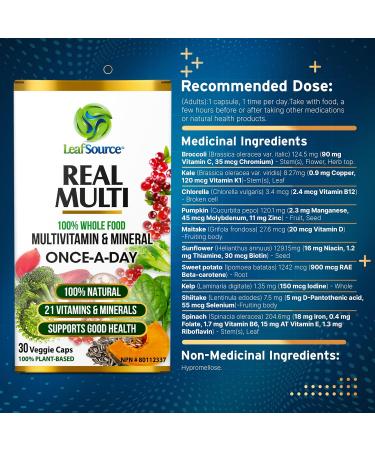 Leafsource Real Multi Vitamins & Minerals Capsules 21 Organic Sourced Whole Food Real Fruits & Veggies Supplements Vegan Enhanced Well-being Naturally A REAL Natural Multivitamin and Multi-Mineral with cofactors intact Syntetic vitamins can't do that only - Buy Online on GoSupps.com