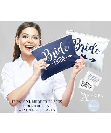 12 Pack Bridesmaids Makeup Bags Set + Bride Bag | Premium XL Natural Cotton Canvas - Bachelorette Party & Bridal Shower Gifts - White & Navy Blue - Buy Online on GoSupps.com