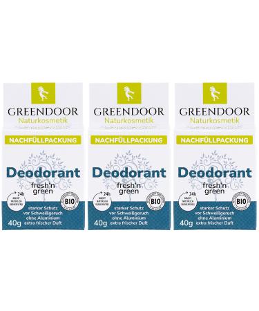 GREENDOOR GREENDOOR Fresh N Green Deodorant Refills - 3 Pack - 40g - Aluminium Free - Safe Protection - Vegan - Extra Fresh Scent - Plastic Free