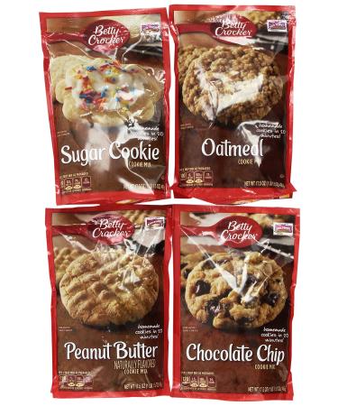 Betty Crocker Cookie Mix Variety Pack of Popular Flavors: (1) Chocolate Chip Cookie Mix + (1) Peanut Butter Cookie Mix + (1) Oatmeal Cookie Mix + (1) Sugar Cookie Mix. (4 flavors per order)