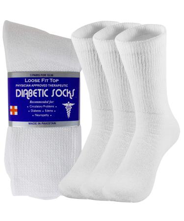 NevEND Diabetic Socks for Mens Womens Loose Fit Non-Binding Cotton Crew Socks 10-13 6 Pairs White