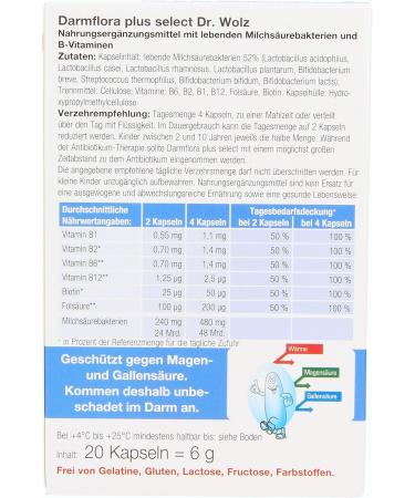 Darmflora Plus Select Dr. Wolz | High-Dose Probiotics 48 Billion | Vegan Vitamin B6 & B12 | 8 Lactic Acid Bacteria | 20 Capsules for Healthy Mucous Membranes - Buy Online on GoSupps.com