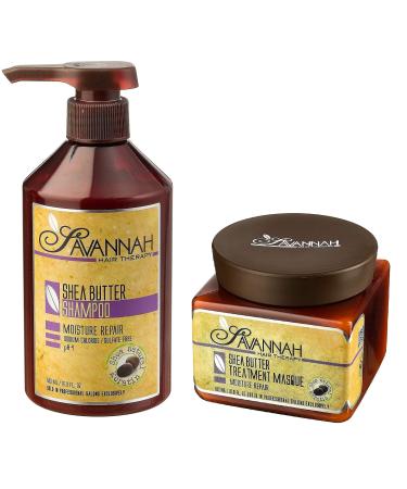 Savannah Hair Therapy Bundle-Treatment Mask 16.9 Oz+Shampoo 16.9 Oz Shea Butter Treatment Natural Keratin for Normal Dry Curly Dyed and Damaged Hair Vitamin B6 Sodium Chloride and Sulfate Free