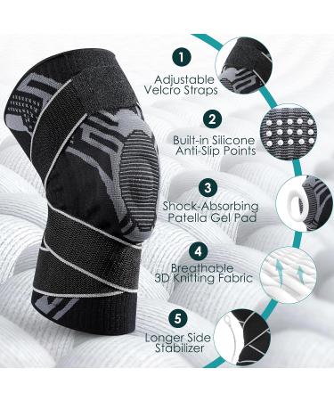 Achiou Knee Compression Sleeve - Adjustable Knee Brace for Pain Relief Stabilizers & Gel Pad - Support for Meniscus Tear Running Workouts - Medium Grey for Men & Women - Buy Online on GoSupps.com