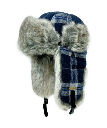 HEYANN Winter Trapper Hat Plaid Faux Fur Hat Russian Ushanka Eskimo Aviator Hat for Men&Women with Ear Flaps XX-Large Blue-grey