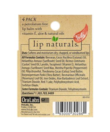 Lip Naturals Tinted Lip Balm 4 Pack of Assorted Colors with Beeswax Coconut Oil Vitamin E and Aloe - Moisturizing Lip Care with a Smooth Mint Flavor - Buy Online on GoSupps.com