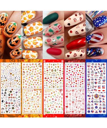 30 Sheets All Holiday Nail Stickers Independence Halloween Christmas Valentine's Thanksgiving Day Nail Art Decals Mixed All Season Set Self-Adhesive Design Year-Round Manicure Decorations Supplies 30 Sheets Holiday