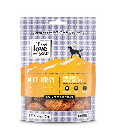 "I and love and you" Nice Jerky Bites - Soft Grain Free Dog Treats for Large and Small Dogs, Puppies and Adults, Great for Training (Variety of Flavors) Chicken + Duck 4 Ounce (Pack of 1)