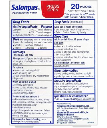 Salonpas Pain Relieving Patch | 20 Count for Back Neck Shoulder & Knee Pain | 8 Hour Pain Relief | International Shipping Available - Buy Online on GoSupps.com