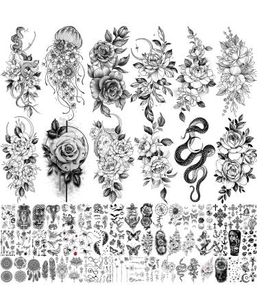 Bilizar 64 Sheets Long Lasting Flower Temporary Tattoos For Women Arm Neck, Jellyfish Sunflower Moon Rose Fake Tattoos For Adults Girl, 3D Temp Realistic Snake Tatoo Stickers Serpent Peony Floral Kids