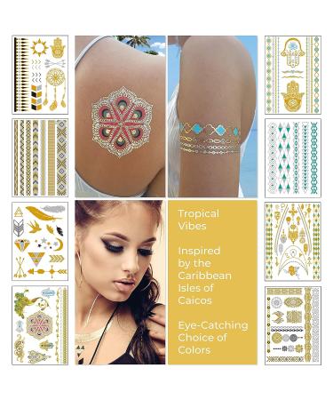 8 Sheets Metallic Temporary Tattoos for Women Teens Girls - Gold Silver Glitter Shimmer Designs - 100+ Color Flash Waterproof Tattoo Stickers - Caicos - Buy Online on GoSupps.com