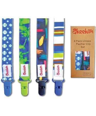 Soothie Pacifier Clip Boy by Akeekah 4 Pack Luxury Eco-Friendly Gift Box Pacifier Leash & Binkie Clips with Awesome Colorful Designs - Safe BPA Free & Washable Plastic Baby Pacifier Clips For Boys