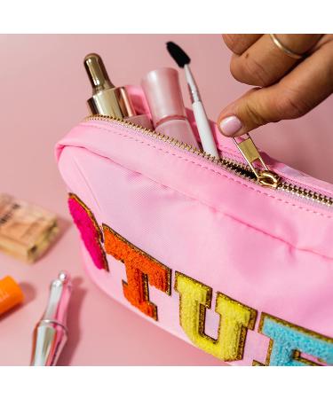 Fablinks Chenille Varsity Letter Makeup Pouch in Pink - Girls Travel Cosmetic Organizer Bag for Skincare - Teen Easter Basket Stuffer - Buy Online on GoSupps.com